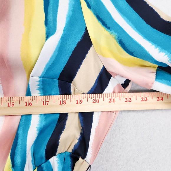 Lane Bryant Shirt Women 14 Pink Blue Colorful Striped Belted Satin Blouse Career - Picture 4 of 11